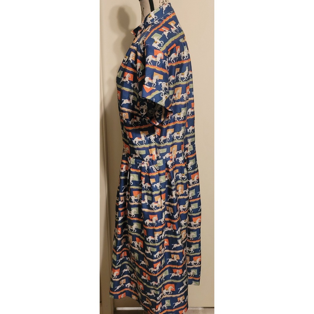 Palava Carousel Horse Print Tencel Midi Dress Blue Orange Button Front Sz 16 - Picture 5 of 9